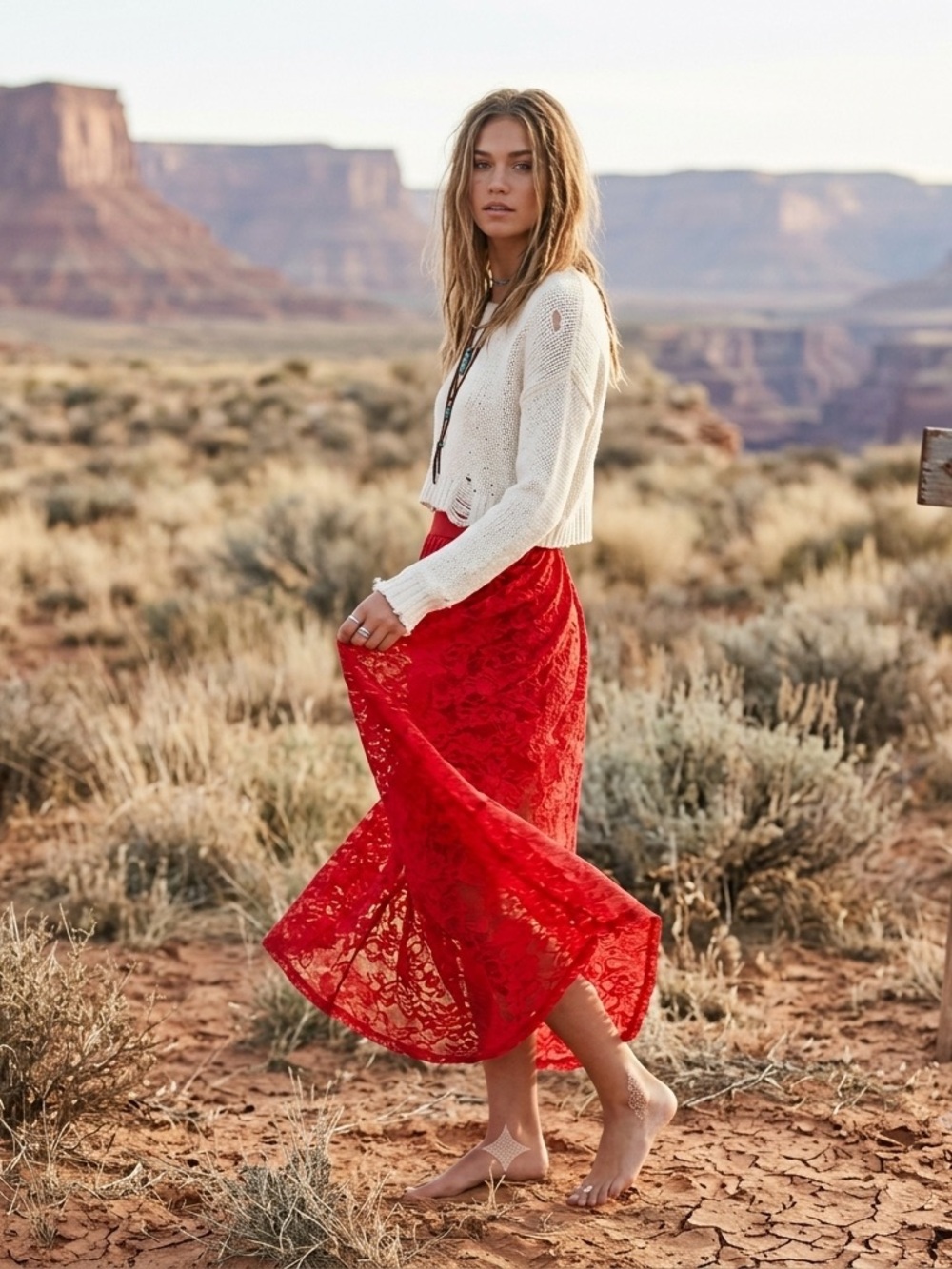 NWT LAFFAIRE Los Angeles Boho Western Fairy Sheer Red Cotton Lace Maxi Skirt M